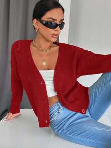 EURMUSE Women's Solid Color V-Neck Single-Breasted Long Sleeve Casual Knit Cardigan,Petite Cardigans,Cardigans - Red - View 5