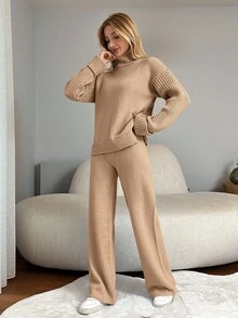 EURMUSE 2 件套女士休闲纯色不对称下摆落肩毛衣和裤子，适合秋冬季 - 米色 - 查看 3