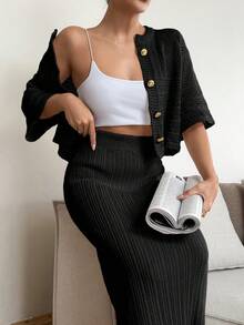 EURMUSE Thick Cardigan Coat With Metal Buckle And Solid Colored Sweater Skirt 2pcs/Set - Hitam - View 4