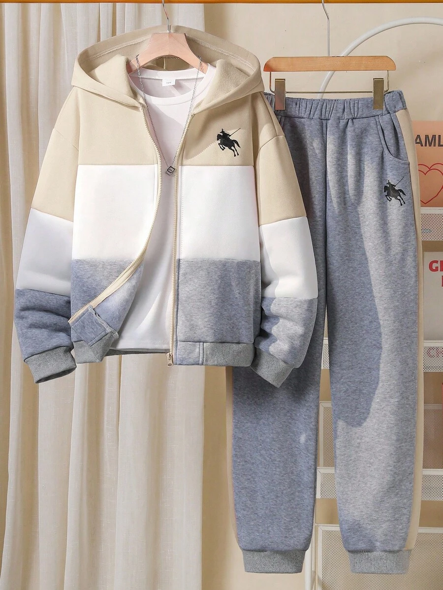 SHEIN 2 件套青少年女孩时尚休闲运动印花棒球夹克 + 撞色运动裤套装,带口袋的拉链夹克,适合日常运动、上学、通勤 - 杏色 - 查看 1