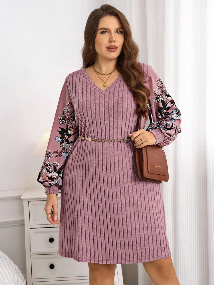 Plus Size Women Floral Print Patchwork Lantern Sleeve V-Neck Casual Midi Dress Cozy Fall And  New Year Dress Pink Dress Maija    Party Elegant Dress Women Elegant Dress Women,Flower/Spring/Summer/Vacation
