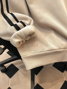 SHEIN 青少年女孩卡其色针织半拉链领宽松休闲学院风英伦印花运动衫秋冬女孩衣服 - 卡其色 - 查看 7