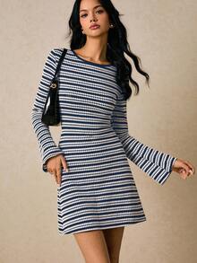 Poéselle Women's Striped Round Neck Long Sleeve Casual Mini Dress,Dresses For Women Elegant - Navy Blue - View 5