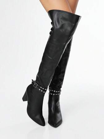 Grunge Punk Damen High Heel Stiefel, vielseitig elegante spitze Zehen Mode PU Plateau Absatz Stiefel, Herbst/Winter