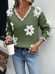 EMERY ROSE Women's Elegant Mink Fur Flower Pattern Lace Knit Sweater, Christmas - Green - View 4
