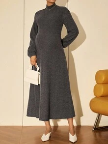 MaterniWear 孕妇工作服、孕妇工作装、孕妇工作连衣裙办公室、商务休闲秋装、秋装、孕妇秋装女士孕妇纯色立领长袖优雅连衣裙、秋季高领连衣裙、长袖连衣裙、冬季连衣裙、罗纹针织连衣裙、针织连衣裙、高领连衣裙 - 深灰色 - 查看 4