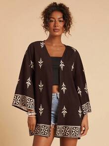 Travachic 度假印花宽松长袖女式衬衫，休闲风格，优雅外出 - 咖啡棕 - 查看 5