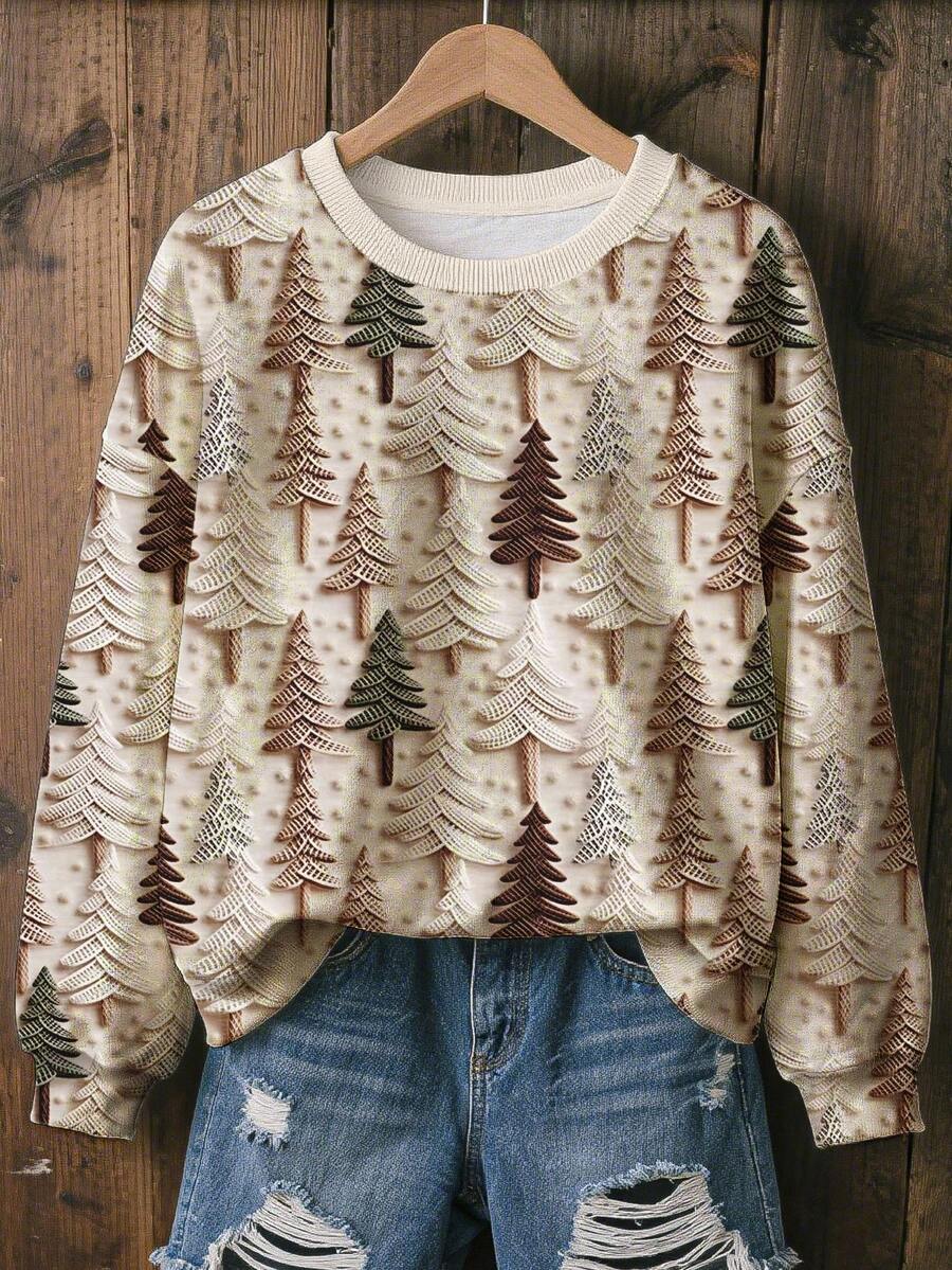 EMERY ROSE Christmas Tree Pattern Textured Crew Neck Sweatshirt, Women's Comfortable Long Sleeve Casual Pullover Suitable For Daily And Holiday Wear - Multicolor - View 1