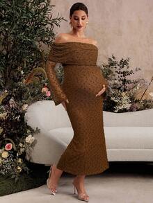 MaterniChic Elegant Party Solid Color Off Shoulder Flare Sleeve Maternity Dress Brown Pregnancy Photoshoot Women Long Off-Shoulder Midi - Brown - View 6