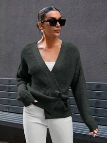 SHEIN Women V-Neck Bow Detailed With Balloon Sleve Oversize Cardigan