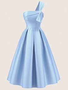 SHEIN Girlism 少女蓝色褶饰编织长款单肩连衣裙，优雅适合节日、派对、婚礼和返校 - 藍色 - 查看 3