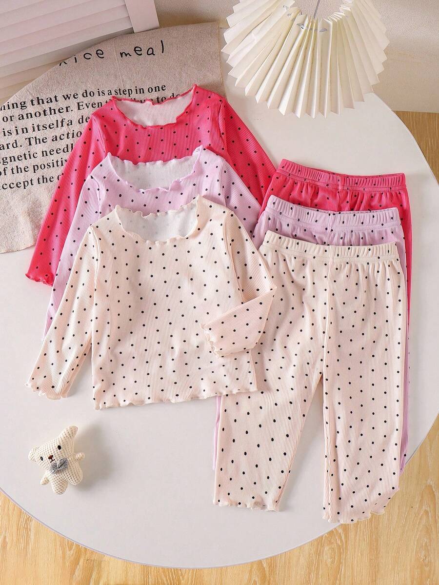 SHEIN Playful Pals 女婴波尔卡圆点印花荷叶边圆领长袖T恤和裤子休闲装 - 彩色 - 查看 1