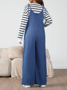 SHEIN Pregnant Fall Autumn Winter Halloween Christmas New Year Commuting Vacation Travel Old Money Style Fashionable Solid Retro Washed Women's Solid Color Knotted Strap Casual Denim Bib Pants And Blue Jumpsuit Women's Maternity Denim Overalls Adjustable Strap Wide Leg Jeans For Pregnancy Comfort