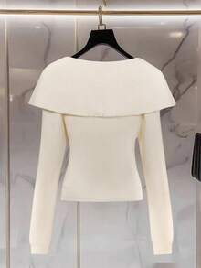 SHEIN PETITE 女士秋冬白色简约时尚交叉翻领纯色长袖金属纽扣修身开衫，适合秋冬季新年感恩节派对 - 米色 - 查看 2