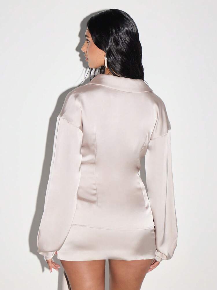 KIZN Satin Button Down Blouse With Tie Detail