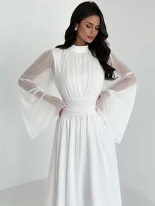 Firerie Women's Elegant Romantic Elegant Daily Commute Beach Vacation Stand Collar Pleated High Waist A-Line Flare Sleeve White Long Dress - White - View 8