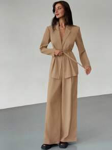 Aloruh Conjunto elegante de chaqueta de manga larga cruzada y pantalones de unicolor, ropa de otoño e invierno para mujer