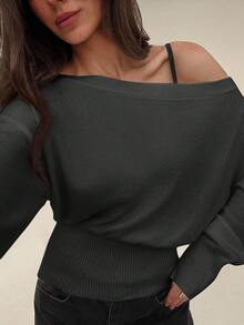 Aloruh Beige Oversized Floral Asymmetric Shoulder Romantic Loose Knit Sweater, Autumn/Winter,Cozy Fall And Winter Clothes For Women,Fall,Fall Clothes For Women - Dark Grey - View 5