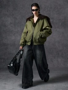 LYSMO X NEON BLANC Collab 2025 New Arrival Minimalist Fall/Winter Women's Fashionable Fur Collar Hooded Jacket, Autumn/Winter Bomber Jacket Women Women Jackets Outerwear Women Crop Jackets For Women Jacket Y2k,Christmas - Army Green - View 9