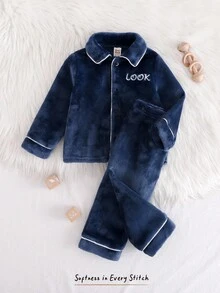 Cozy Pixies 2pcs Baby Boys Autumn/Winter Navy Blue Contrast Trim Thermal Lined Turndown Collar Cardigan And Elastic Waist Loose Pants Set Baby Boys Pajama Sapphire Suit For Baby Boy Baby Boy Jacket Set Navy Blue Baby Boy Outfit Toddler 2 Piece Winter Fur Clothing - Royal Blue - View 3