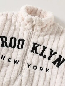 Casual Fashion Ribbed Cropped Fuzzy Zip-Up Hoodie Top With Elastic Waist Skinny Knit Pants, Embroidered Graphic Front, Classic Versatile Fit, Comfortable For Autumn/Winter Daily, Commuting, Outing, Party, Photography, Shopping - Multicolor - View 7