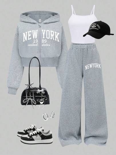 SHEIN Explorewe 3 件套女童休闲简约吊带背心 + 短款拉链连帽衫 + 阔腿裤套装，适合日常穿着