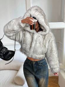 SHEIN EZwear Áo khoác lông giả ngắn có mũ trùm đầu màu trắng thời trang dành cho nữ, Thu/Đông - trắng - Xem 4
