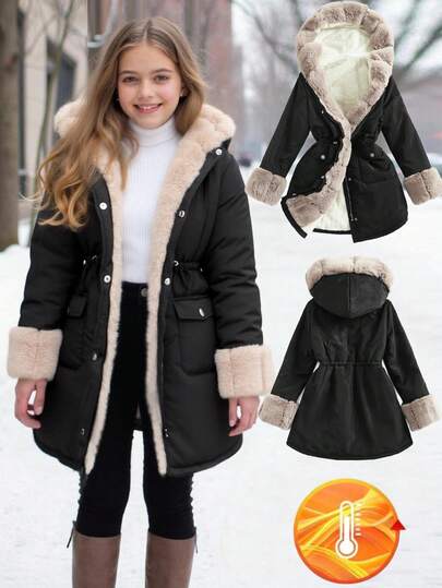 SHEIN Serisse Kids Tween Girl Casual Padded Coat With Thermal Lining, Contrast Fluffy Trim Hood, Waist Drawstring, Pockets, Mid-Length, Black, Suitable For Autumn/Winter, Girls Black Winter Jacket With Hood, Girls Black Hooded Parka, Black Jacket For Girls Fall,Suitable For Winter, Casual, Preppy, Cute & Casual & Vintage, Great For Autumn/Winter Casual, Daily Wear, School