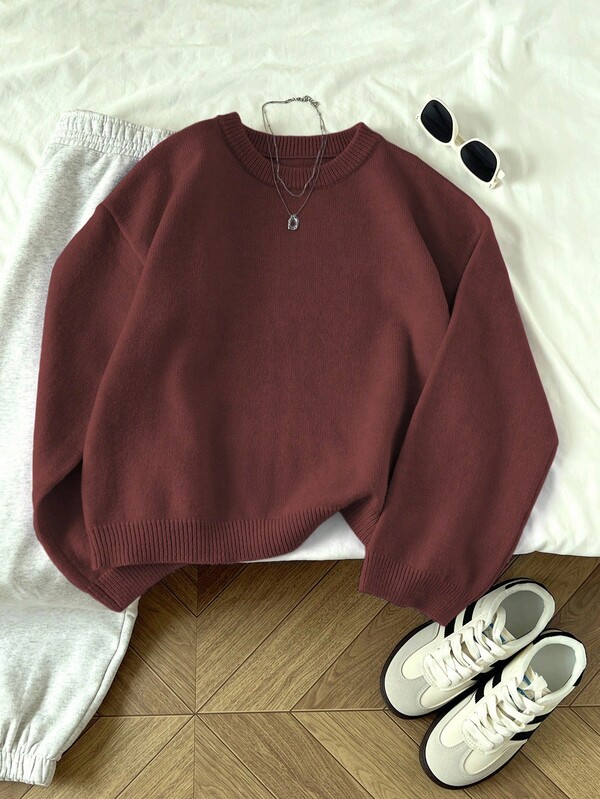 Elamini Suéter casual de cuello redondo de manga larga y unicolor para mujer, otoño/invierno