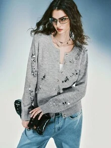 Airlisse Women's Y2K Casual Fashion Street Patchwork Handmade Beaded Button Cardigan Sweater