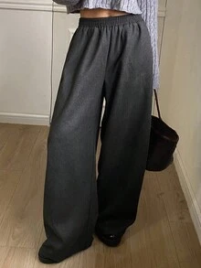 DAZY Damen Loose Fit einfarbige Fleece Weite Hose, Elastischer Bund Lässig Straßen-Stil, Herbst/Winter - Grau - Übersicht 1