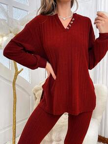 Solid Color Textured Half-Zip Top & Pants Women's Loungewear Set, Winter Clothes - Red - View 3