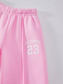 SHEIN Explorewe 2 件套女童休闲抓绒加州 23 图案长袖运动衫和裤子套装，秋冬 - 彩色 - 查看 3
