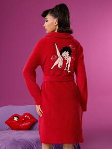 Betty Boop x SHEIN 女士可爱红色贝蒂爱心卡通人物红唇刺绣披肩领系带毛绒睡袍，秋冬圣诞新年保暖法兰绒睡袍，蓬松红色女士睡衣，舒适睡袍 - 紅色 - 查看 7