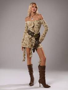 TRNVIE 1 件棕色做旧露肩荷叶边长袖休闲连衣裙，适合荒原风格女士，冬季 - 棕色 - 查看 4