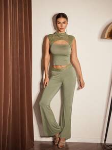 Slumberist 模特面料性感镂空前领口蕾丝拼布后腰女士睡衣套装2件套休闲套装女士内衣套装绿色透视上衣女士休闲套装睡衣套装绿色 - 橄欖綠 - 查看 4