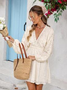 Vivid Eden Vestido de vacaciones con cuello en V, cintura ceñida y mangas farol para mujer, otoño - Albaricoque - Ver 2