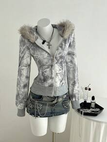 Elamini Damska szara, patchworkowa, futrzana bluza z kapturem i zamkiem błyskawicznym, luźny sweter na jesień/zimę, odpowiedni do noszenia na co dzień, do szkoły, na uroczystość ukończenia szkoły, na ulicę w stylu retro, do dojazdów do pracy, na czas wolny, do sportu i do domu