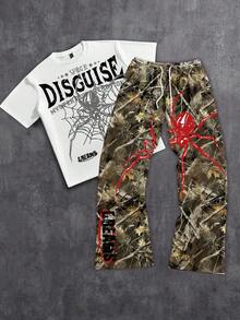 Manfinity EMRG Men's Spider Letter Print Loose Short Sleeve T-Shirt And Camouflage Pants Set