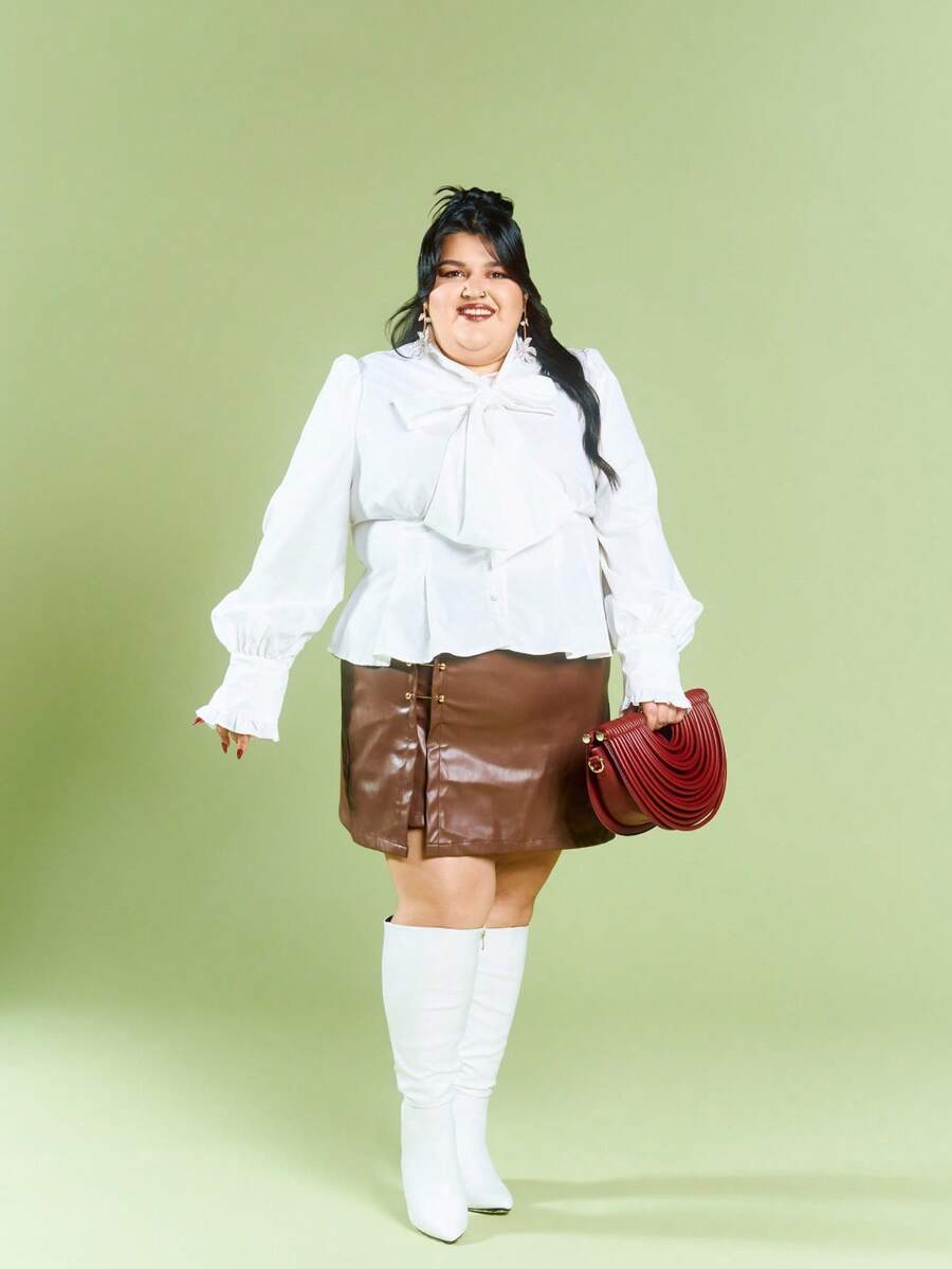 SHEIN MOD Camisa Collar Grande Con Corbata En El Cuello Y Cinturón Para Ajustar La Cintura - Blanco - Ver 1