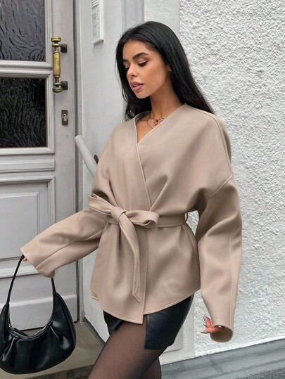 MainGRL Fashionable Versatile Solid Color Lace-Up Woolen Coat, Autumn/Winter Women Blouses Elegant Wrap Tops For Women Tie Front Blouse Tie Front Cardigan Neutral Clothes For Women,Winter Clothes For Women