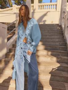 Aralina 冬季长袖荷叶边前开襟长款波西米亚风开衫连衣裙 - 淺藍色 - 查看 6