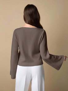 EURMUSE Women's Petite Solid Color V-Neck Front Button Drop Shoulder Cardigan - Brown - View 2