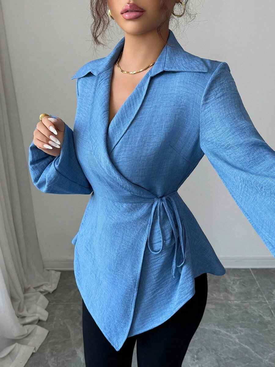 Selianne 女式纯色交叉领设计腰带长袖衬衫 - 藍色 - 查看 1