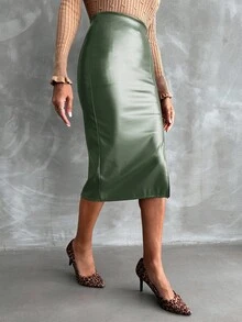 EURMUSE Women Casual Slit Hem A-Line Skirt, Suitable For Autumn - Olive Green - View 3