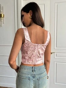 SHEIN BAE Áo lót không tay thêu hoa có họa tiết, Áo ngực nữ, Áo ngực hoa màu hồng - Màu Hồng baby - Xem 2