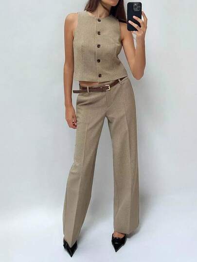 ATUI Studio Women Fall Winter Casual Formal Chic Khaki Check Pattern Fabric Lining Details Waist Suit Vest + Simple Suit Pants Set,Fall Clothes For Women,Elegant Women's Set,Business Casual Outfits Women,, Fall Wedding Guest Set