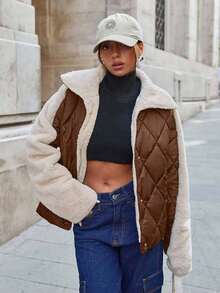 SHEIN Cottnline Padded Jacket With Fur Collar And Patchwork, Two Pockets At Front, Snap Buttons, Quilting Details Streetwear - Brown - View 1
