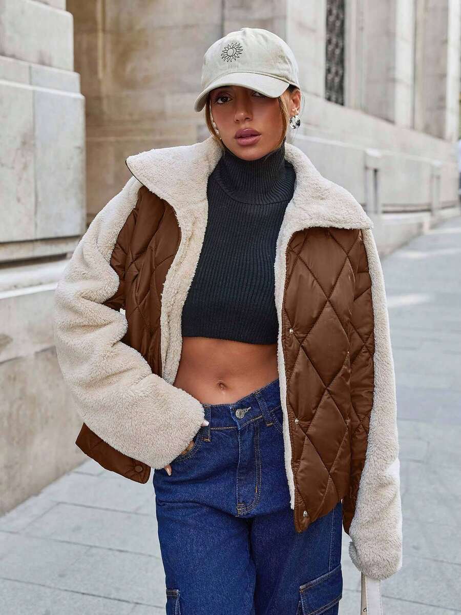 SHEIN Cottnline Padded Jacket With Fur Collar And Patchwork, Two Pockets At Front, Snap Buttons, Quilting Details Streetwear - Brown - View 1