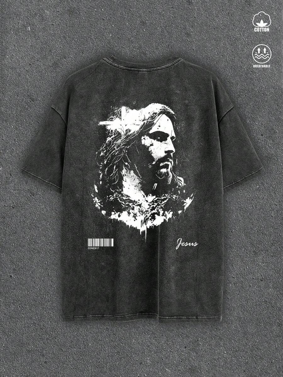 Manfinity ZONE917 Men's Distressed Jesus Cross Print Graphic Black T-Shirt, Street Style